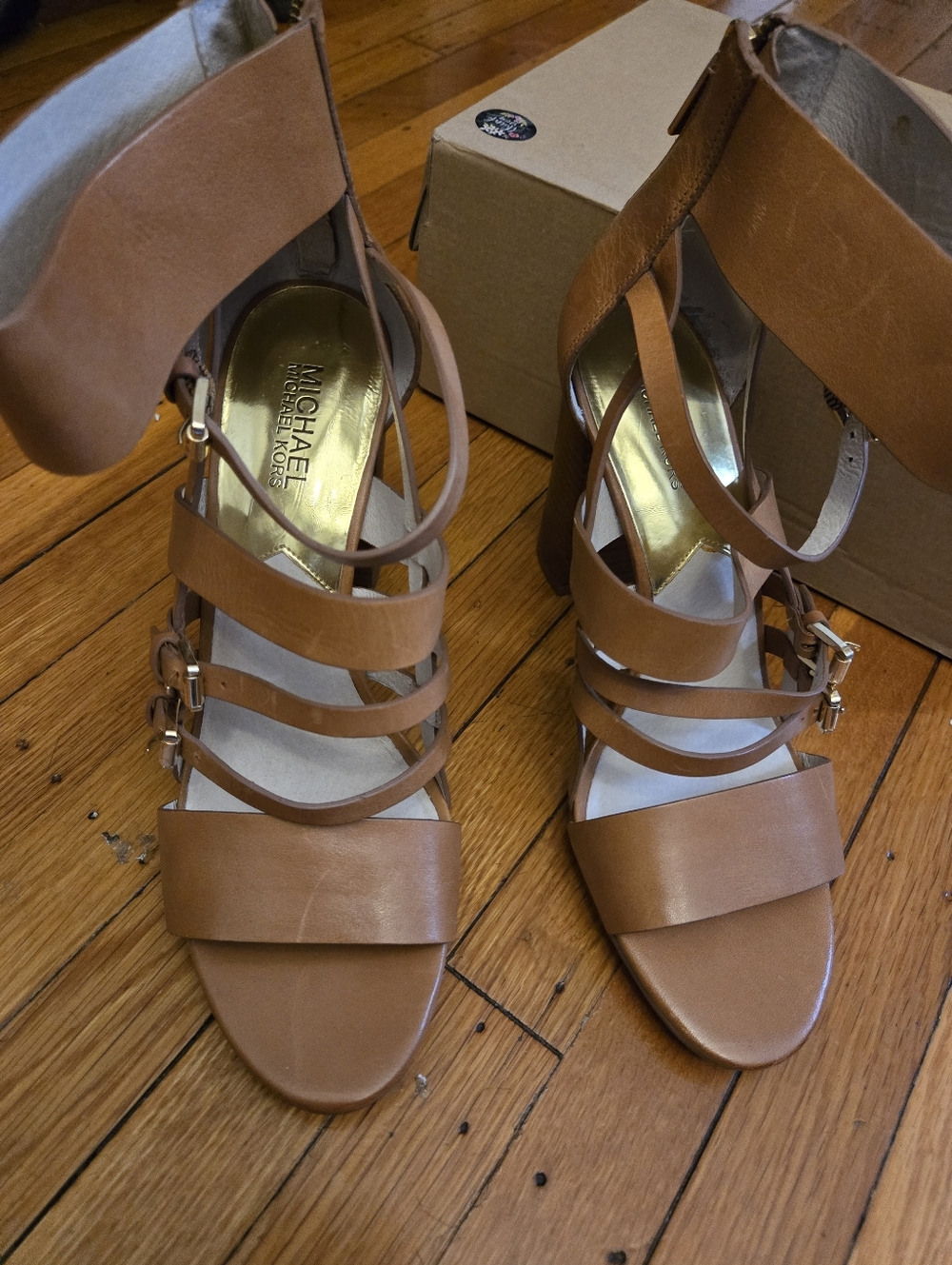 MICHAEL Michael Kors Cognac Multi-Strap Leather Block Heel Sandals
